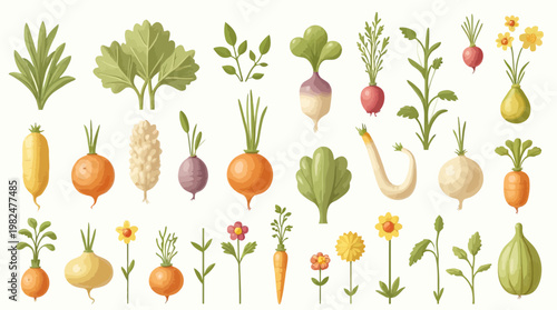 A vibrant collection of freshly harvested root vegetables, greens, and small flowers.