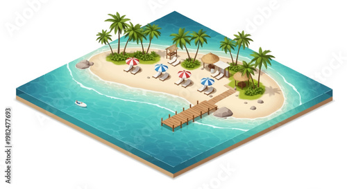 Isometric vector illustration featuring a 3D beach holiday travel design, showcasing a sandy coastline with palm trees, sun umbrellas, and a wooden pier in a bright, inviting composition