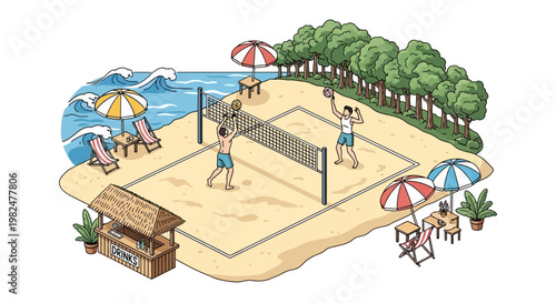 Isometric vector art depicts a beach holiday scene with two people playing beach volleyball on a court, showcasing parasols, lounge chairs, and a concession stand in a bright, sunny, 3D