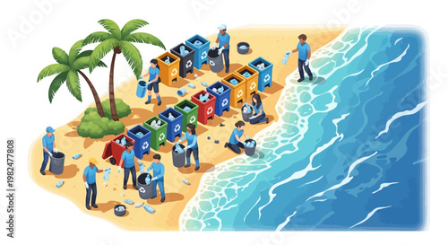 Isometric vector illustration showing people cleaning up trash on an idyllic 3D beach near palm trees, with colorful recycling bins lined up, conveying a positive message