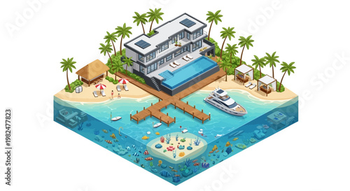 Isometric vector illustration of a luxurious beachfront villa with a yacht docked at the pier, palm trees swaying, and sunbathers enjoying the holiday on a vibrant, turquoise beach