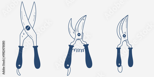 Hand drawn Garden pruners tool set. Isolated secateurs, gardening and plant care element. Vector editable stroke illustration