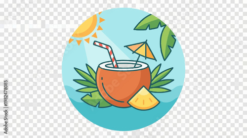 A refreshing tropical drink icon with a coconut and straw, evoking a relaxed summer vacation mood