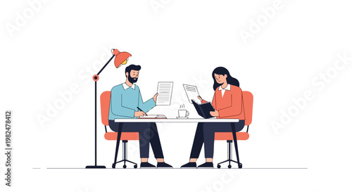 A bearded man and a professional woman sit at a desk, collaborating on documents while working together in a minimalist office environment.