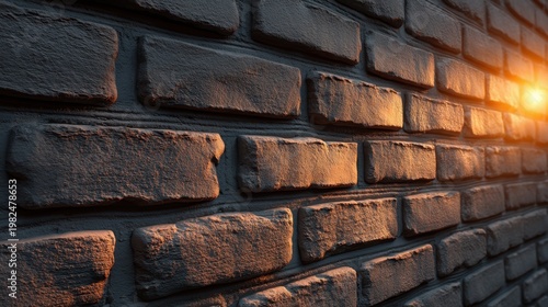 Textured Brick Wall with Warm Light Glow and Shadows, Perfect for Backgrounds in Architecture, Urban, and Interior Design Projects