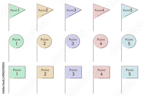 パステルカラーの旗状ポイントあしらいセット 三角・丸・四角のポール付きPoint表示デザイン ベクター素材
