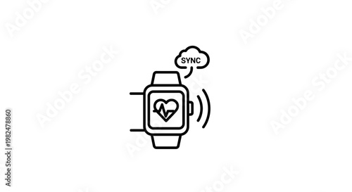 Smartwatch with heart rate monitor syncing data to cloud icon, technology concept