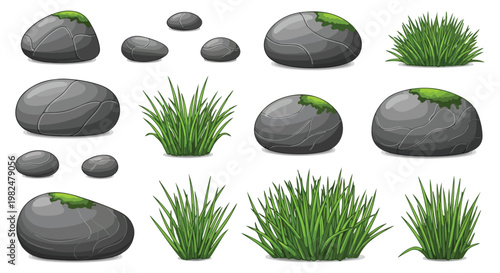 Cartoon garden stones and green grass tufts, set of 15 nature elements, grey river rocks with moss, landscape design vector kit