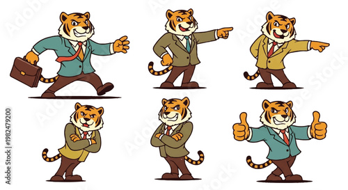 Cartoon tiger character poses illustration set for business and design