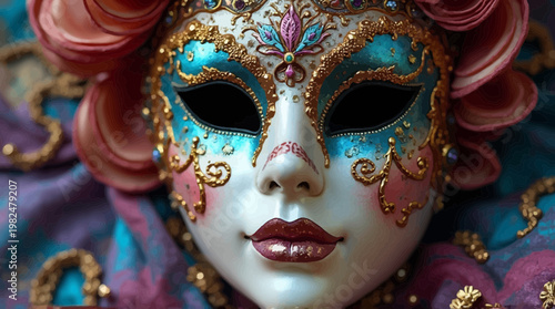 Exquisite Venetian carnival mask featuring intricate gold, blue, and pink details