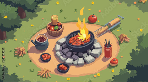 Overhead view of a vector illustration depicting a campfire grilling scene in a forest clearing