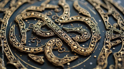 Intricate golden ornate pattern with swirling abstract design on a dark background