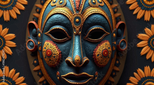 Intricate tribal mask with golden patterns and ornate details against a dark background
