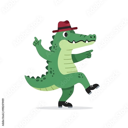 Animated illustration of a green alligator, wearing a fedora and dress shoes, pointing and gesturing enthusiastically