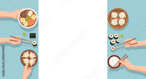 Top View Asian Food Background with Ramen Sushi Dim Sum and Copy Space for Menu or Text Flat Vector Illustration