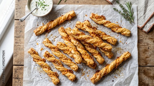 Freshly baked crispy cheese straws on parchment paper flat lay
