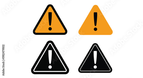 Warning triangle icons with exclamation marks, yellow and black hazard sign set, industrial safety alert symbols in EPS format