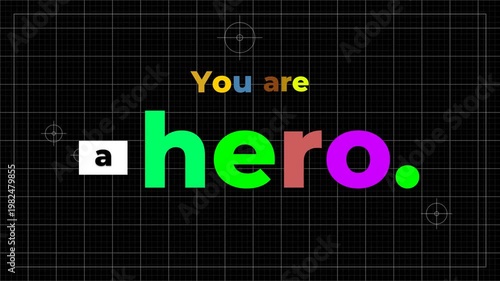 Motivational gym workout fitness typography animation with the message You are a hero on a grid background. Fitness motivation words