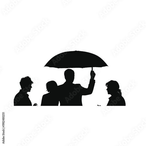 Silhouette of a person holding an umbrella over a small group of people, symbolizing protection, security, and safety.