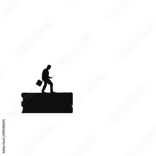 Silhouette of a businessman walking with a briefcase and laptop on a narrow ledge, representing risk and a precarious career path.