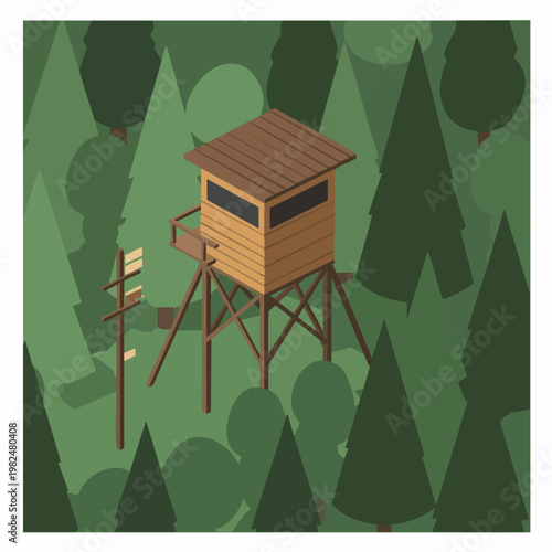 Isometric Detailed Hunting Observation Point Structure in Forest Illustration