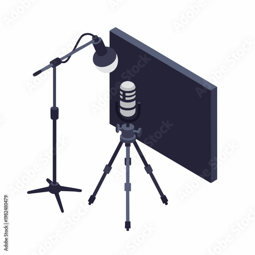 Isometric Illustration Microphone On Stand with Lamp Broadcasting Equipment Studio Set