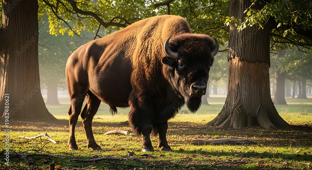 Fototapeta premium Majestic European Bison Grazing in a Lush Forest Clearing.