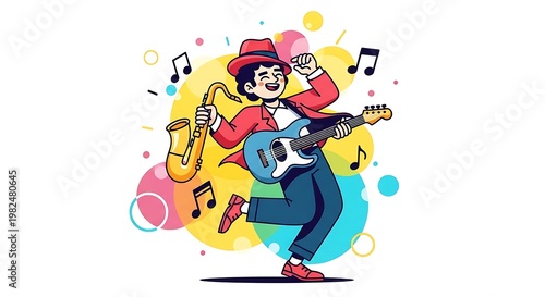 Animated illustration of a musician playing guitar and saxophone, dancing joyfully amidst colorful orbs and musical notes