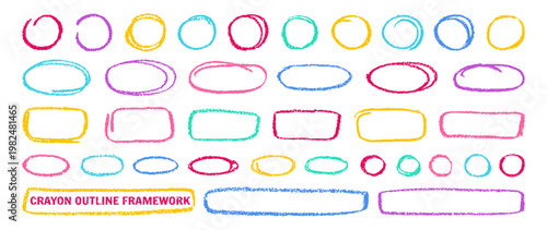 Crayon outline ovals, circles, ellipses colorful frame set. Pencil hand drawn emphasis elements freehand line art frames. Doodle style chalk sketches rough thin borders, round shapes highlights vector