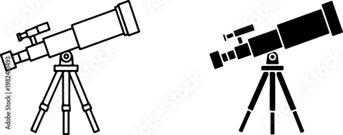 Two professional telescope icons showcasing a detailed outline version and a solid black silhouette style design for astronomical observation software and educational science materials used for explor