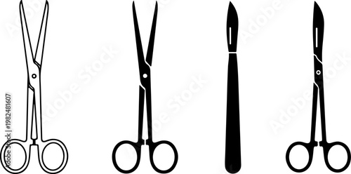 A collection of essential surgical instruments including scissors, a scalpel, and forceps, representing medical procedures and healthcare in a clean, graphic style for professional use.