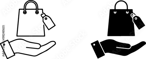 Hand holding a shopping bag with a gift tag, presented as two distinct icons, one as an outline and the other as a solid black silhouette, symbolizing online shopping convenience and consumerism.