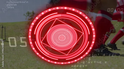 Player running left starting players chasing soccer ball for control behind HUD while timer ticking