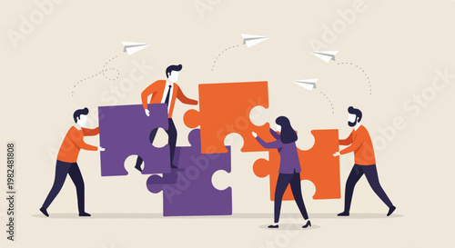 A diverse business team collaborates on a strategic problem-solving initiative, meticulously assembling large puzzle pieces to achieve a common goal of successful project completion and effective part