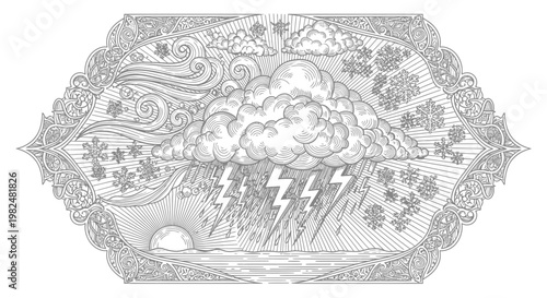 Intricate monochrome illustration of a dynamic weather scene with a central storm, lightning, rain, wind, and snowflakes, framed by ornate borders.