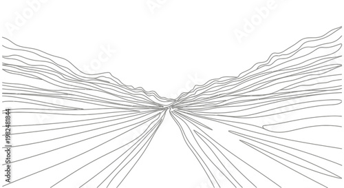 Abstract line art illustration of a winding road perspective disappearing into the distance, minimalist design with textured hills