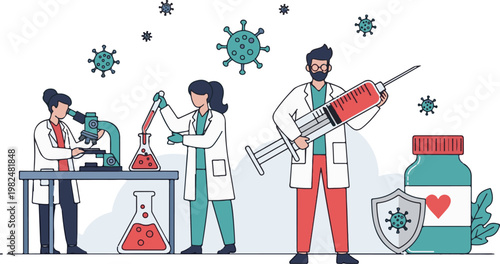 Medical researchers in lab coats are diligently working together to develop a vital vaccine and find a cure for a global virus, conducting essential experiments and preparing injections.