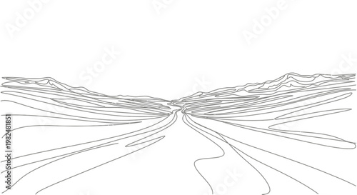 Abstract minimalist line art landscape featuring a winding road disappearing into the distance through contoured hills, monochrome vector