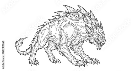 Fearsome fantasy monster illustration with spiked back and sharp claws, mythical beast drawing, detailed line art