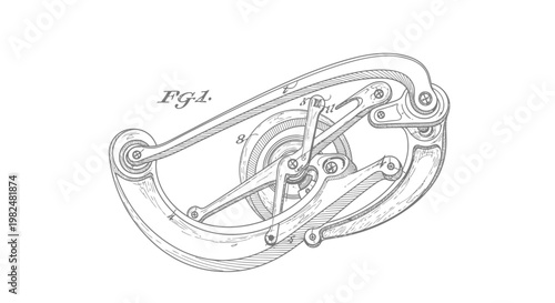 Detailed technical drawing of an intricate mechanical clasp mechanism, a vintage industrial design illustration with levers and gears.