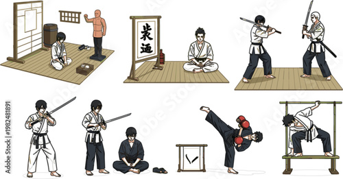 Martial arts training and practice collection with karate, judo and samurai scenes, detailed vector illustration set for combat sports, discipline and traditional fighting techniques