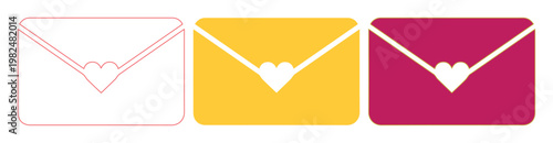 Romantic heart envelope vector set, pink and yellow love letter icons, flat minimalist mail stationery for wedding invitations and Valentine cards