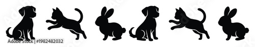 Minimalist pet animal silhouettes, black dog cat and rabbit icons, veterinary clinic graphics, 6 animal vector elements for pet shop branding