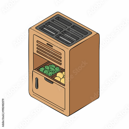 Isometric Line Art Mobile Wooden Kitchen Cart with Produce Drawer