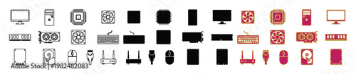 Computer hardware icons set, 36 vector icons of PC components and peripherals, flat outline and solid glyph style for technology repair and IT services
