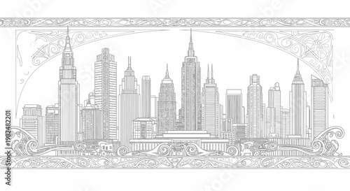 Ornate Engraved Cityscape Illustration with Detailed Skyscrapers and Decorative Frame in Vintage Line Art Style