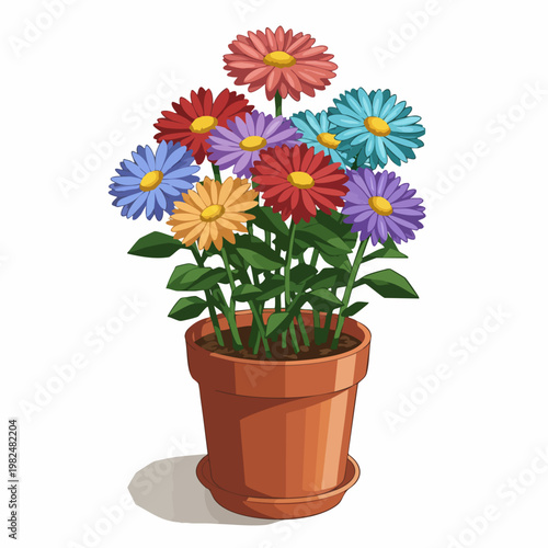 Detailed Illustration Colorful Daisy Flower Arrangement in Pot Decoration
