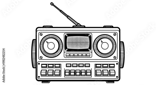 Vintage Boombox Illustration - Retro Portable Stereo Radio Cassette Player Drawing Black and White Art