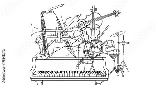 Dynamic line art illustration of musical instruments: piano, drums, saxophone, trumpet, violin. Vector outline drawing for music and creative concepts.