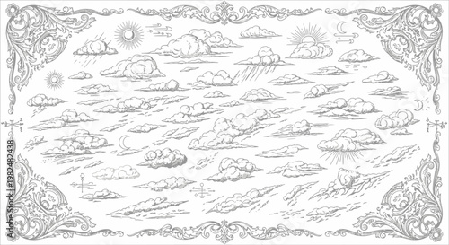 Vintage Hand-Drawn Cloud and Weather Phenomena Set: Detailed Meteorological Chart Illustration with Diverse Sky Elements